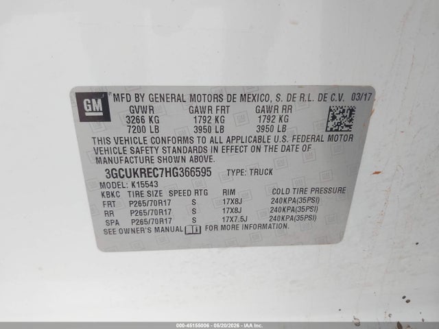Aukcja sprzedaży 2017 Chevrolet Silverado 1500 1lt, vin: 3GCUKREC7HG366595, numer aukcji: 45155006