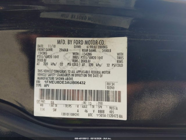 Aukcja sprzedaży 2010 Ford Explorer Xlt, vin: 1FMEU8DE3AUB06432, numer aukcji: 45155012