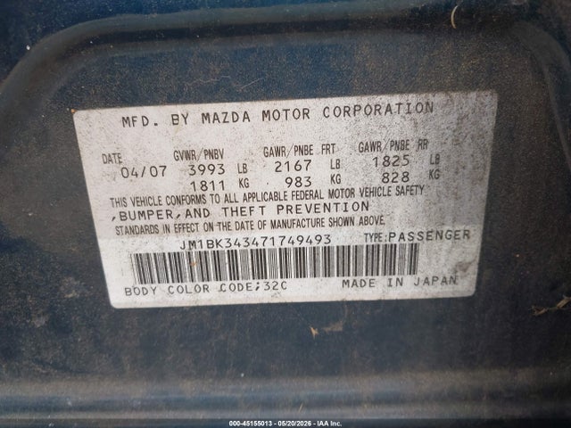 Aukcja sprzedaży 2007 Mazda Mazda3 S Touring, vin: JM1BK343471749493, numer aukcji: 45155013