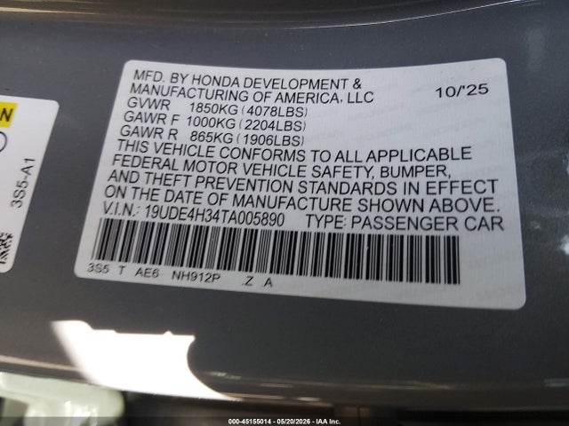 45155014 :رقم المزاد ، 19UDE4H34TA005890 vin ، 2026 Acura Integra Fwd A-spec مزاد بيع