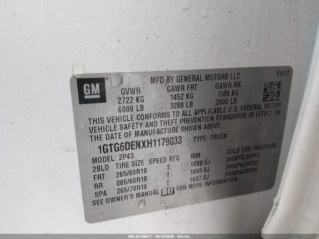Aukcja sprzedaży 2017 Gmc Canyon Slt, vin: 1GTG6DENXH1179033, numer aukcji: 45155017