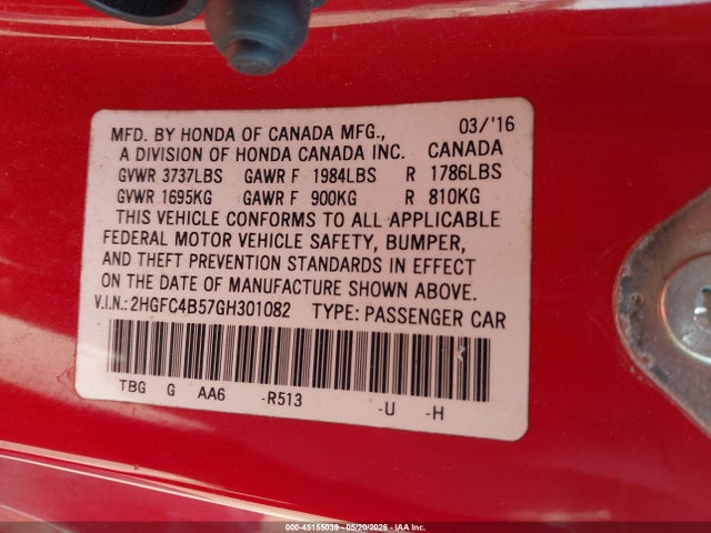 Aukcja sprzedaży 2016 Honda Civic Lx, vin: 2HGFC4B57GH301082, numer aukcji: 45155039