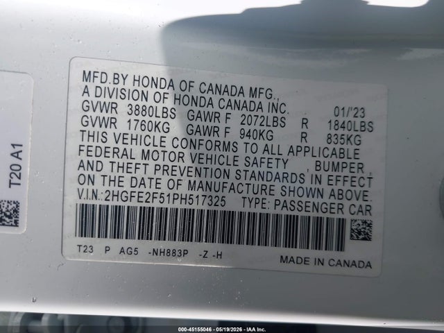 45155046 :رقم المزاد ، 2HGFE2F51PH517325 vin ، 2023 Honda Civic Sport مزاد بيع