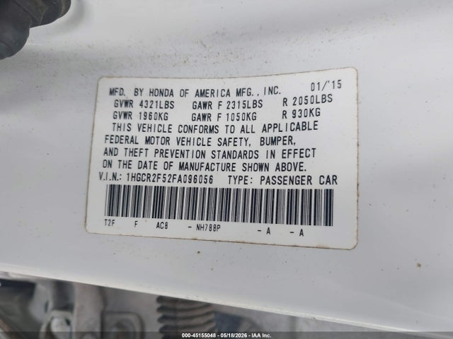 Продажа на аукционе авто 2015 Honda Accord Sport, vin: 1HGCR2F52FA096056, номер лота: 45155048
