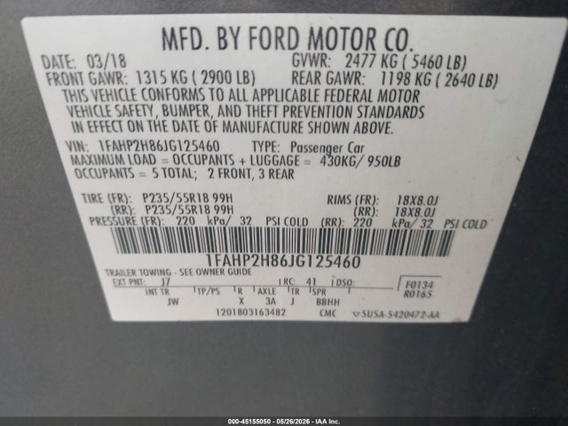 Продажа на аукционе авто 2018 Ford Taurus Sel, vin: 1FAHP2H86JG125460, номер лота: 45155050