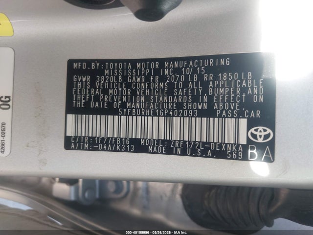 2016 Toyota Corolla Le მანქანა იყიდება აუქციონზე, vin: 5YFBURHE1GP402093, აუქციონის ნომერი: 45155056
