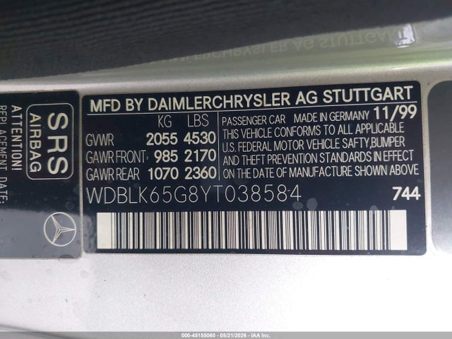 45155060 :رقم المزاد ، WDBLK65G8YT038584 vin ، 2000 Mercedes-benz Clk 320 مزاد بيع