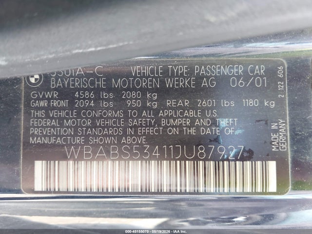 Aukcja sprzedaży 2001 Bmw 330ci, vin: WBABS53411JU87927, numer aukcji: 45155070