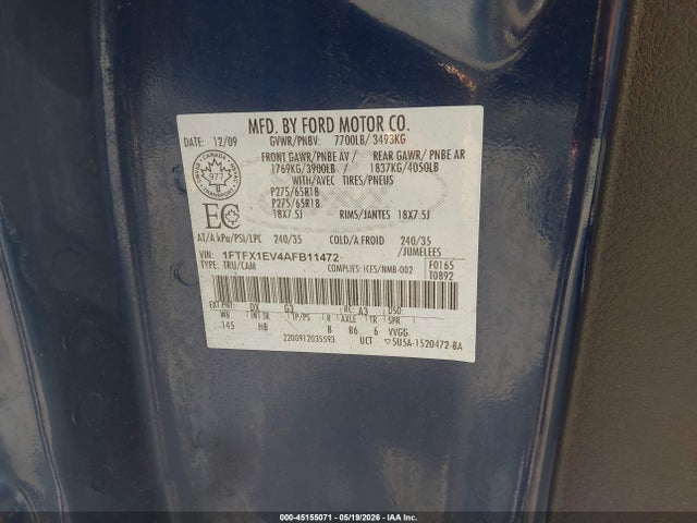45155071 :رقم المزاد ، 1FTFX1EV4AFB11472 vin ، 2010 Ford F-150 Fx4/lariat/xl/xlt مزاد بيع