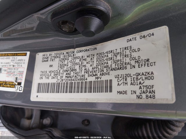 Aukcja sprzedaży 2004 Lexus Gx 470, vin: JTJBT20X840048664, numer aukcji: 45155075