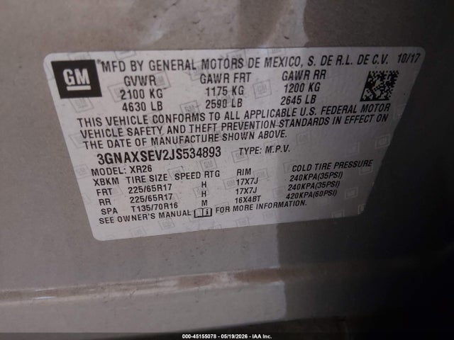 45155078 :رقم المزاد ، 3GNAXSEV2JS534893 vin ، 2018 Chevrolet Equinox Lt مزاد بيع