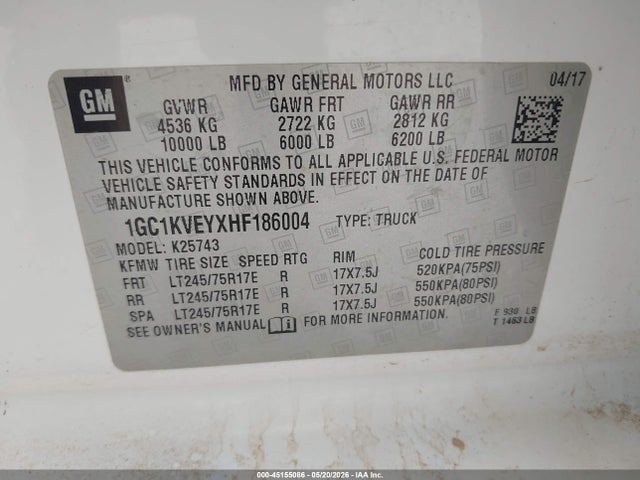Продаж на аукціоні авто 2017 Chevrolet Silverado 2500hd Lt, vin: 1GC1KVEYXHF186004, номер лоту: 45155086