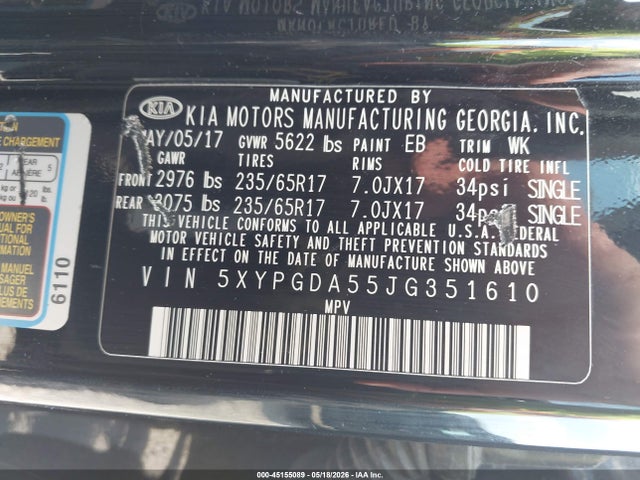 Aukcja sprzedaży 2018 Kia Sorento 3.3l Lx, vin: 5XYPGDA55JG351610, numer aukcji: 45155089