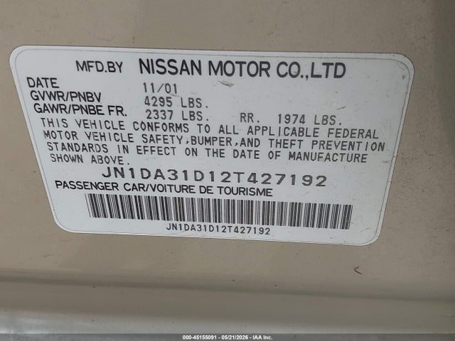 2002 Nissan Maxima Se მანქანა იყიდება აუქციონზე, vin: JN1DA31D12T427192, აუქციონის ნომერი: 45155091