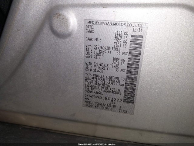 45155093 :رقم المزاد ، 5N1AT2MV3FC803272 vin ، 2015 Nissan Rogue Sl مزاد بيع