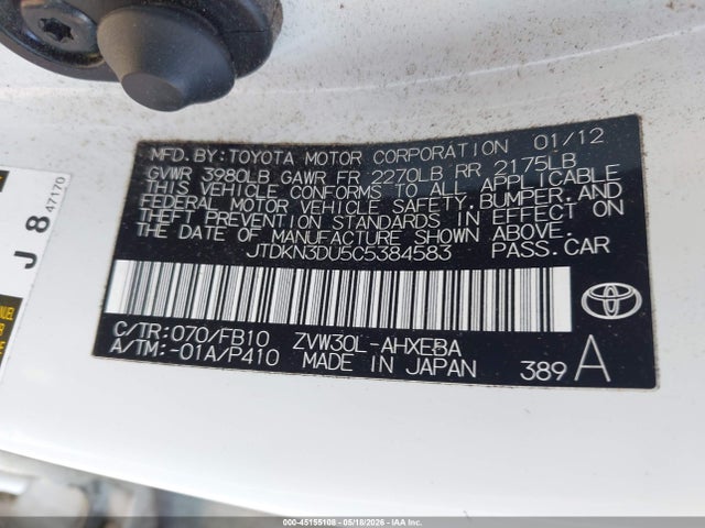 45155108 :رقم المزاد ، JTDKN3DU5C5384583 vin ، 2012 Toyota Prius Two مزاد بيع