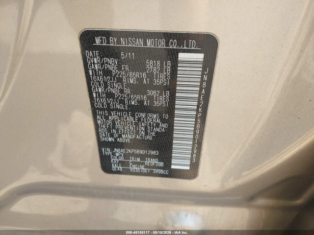 2011 Nissan Quest S მანქანა იყიდება აუქციონზე, vin: JN8AE2KP5B9012983, აუქციონის ნომერი: 45155117
