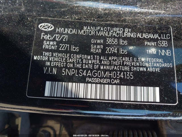 Продаж на аукціоні авто 2021 Hyundai Elantra Sel, vin: 5NPLS4AG0MH034135, номер лоту: 45155129