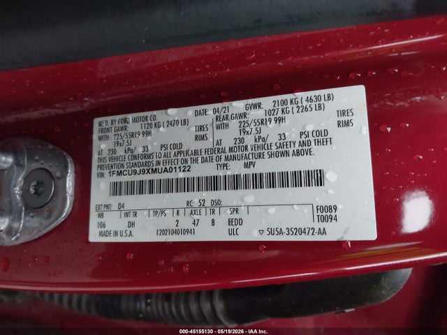 Aukcja sprzedaży 2021 Ford Escape Titanium, vin: 1FMCU9J9XMUA01122, numer aukcji: 45155130