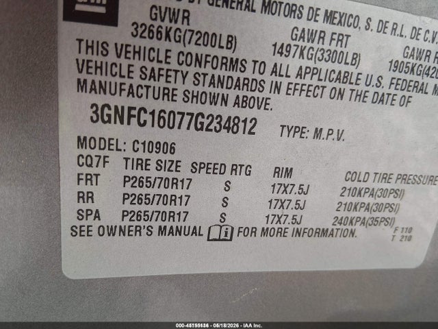 Продажа на аукционе авто 2007 Chevrolet Suburban 1500 Ls, vin: 3GNFC16077G234812, номер лота: 45155136