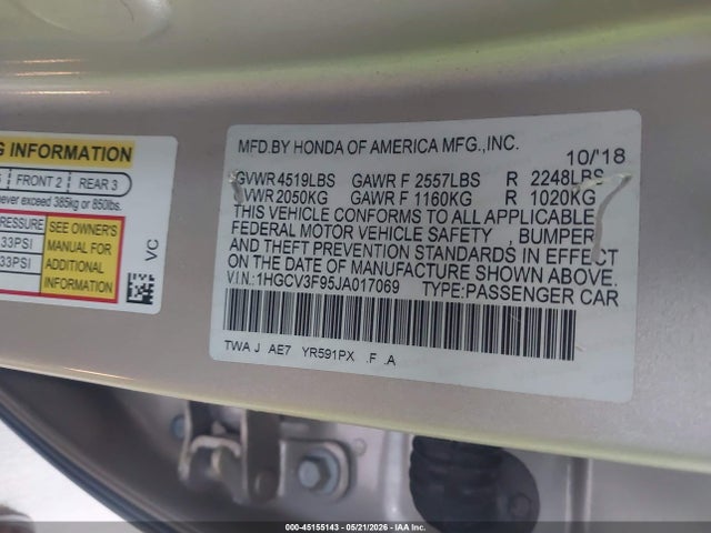 1HGCV3F95JA017069 Honda Accord Hybrid Touring
