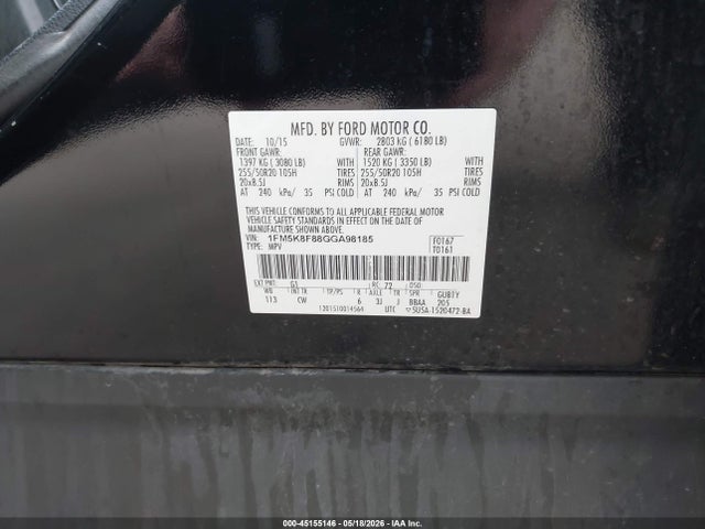 2016 Ford Explorer Limited მანქანა იყიდება აუქციონზე, vin: 1FM5K8F88GGA98185, აუქციონის ნომერი: 45155146