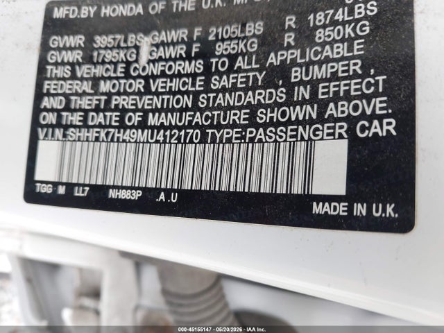2021 Honda Civic Sport მანქანა იყიდება აუქციონზე, vin: SHHFK7H49MU412170, აუქციონის ნომერი: 45155147