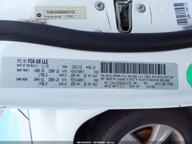 Aukcja sprzedaży 2016 Jeep Compass Latitude, vin: 1C4NJCEA6GD615175, numer aukcji: 45155151