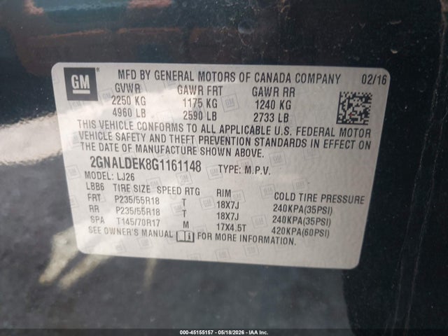 Aukcja sprzedaży 2016 Chevrolet Equinox Ltz, vin: 2GNALDEK8G1161148, numer aukcji: 45155157