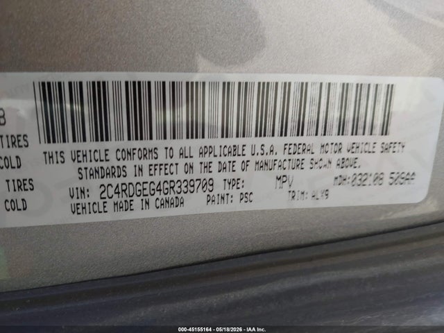 2016 Dodge Grand Caravan R/t მანქანა იყიდება აუქციონზე, vin: 2C4RDGEG4GR339709, აუქციონის ნომერი: 45155164