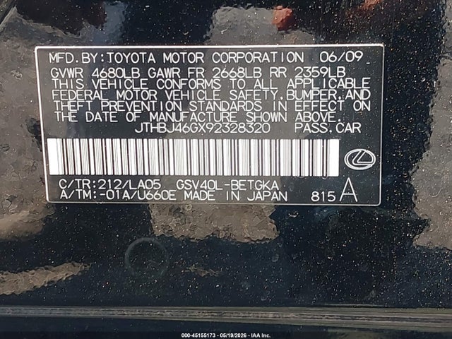 2009 Lexus Es 350 მანქანა იყიდება აუქციონზე, vin: JTHBJ46GX92328320, აუქციონის ნომერი: 45155173