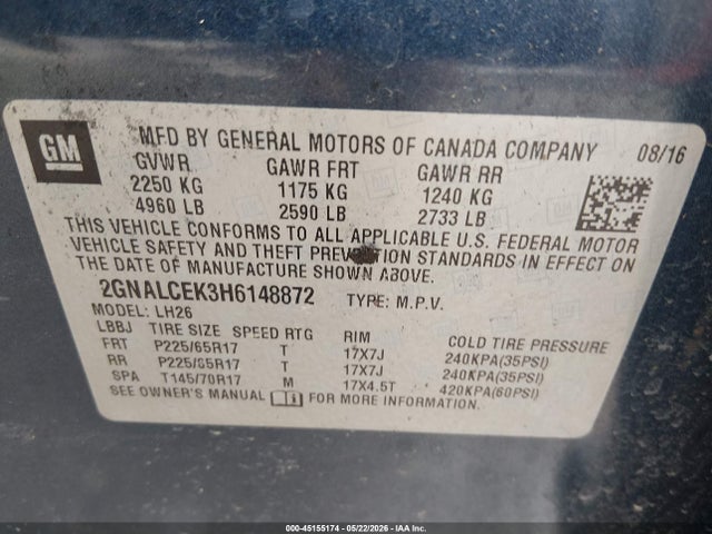 Chevrolet EQUINOX LT 2017 2GNALCEK3H6148872 Image 9