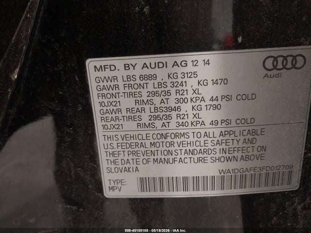 45155188 :رقم المزاد ، WA1DGAFE3FD012709 vin ، 2015 Audi Q7 3.0t S Line Prestige مزاد بيع