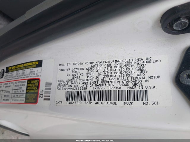 45155196 :رقم المزاد ، 5TETX22NX9Z665580 vin ، 2009 Toyota Tacoma مزاد بيع