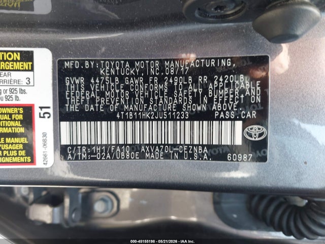 4T1B11HK2JU511233 Toyota CAMRY LE