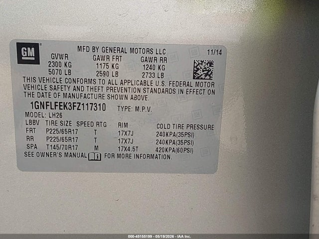 1GNFLFEK3FZ117310 Chevrolet EQUINOX 1LT