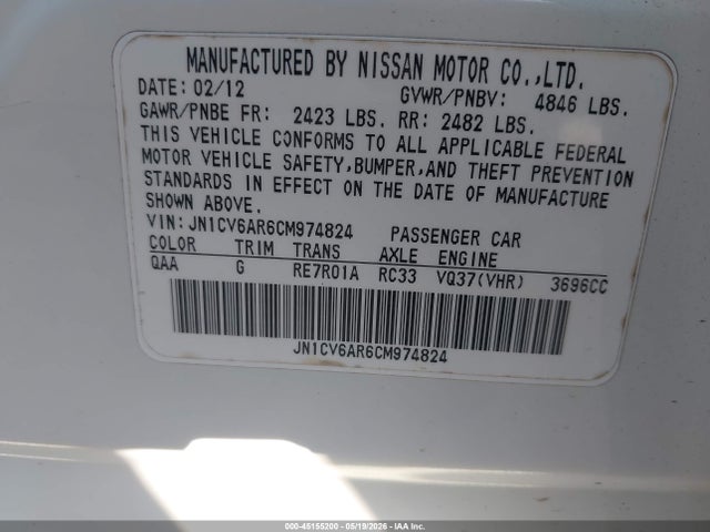 Продажа на аукционе авто 2012 Infiniti G37x, vin: JN1CV6AR6CM974824, номер лота: 45155200