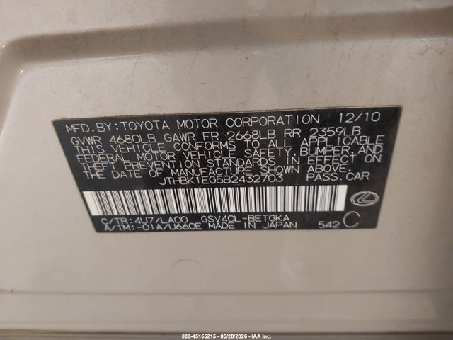 45155215 :رقم المزاد ، JTHBK1EG5B2432703 vin ، 2011 Lexus Es 350 مزاد بيع