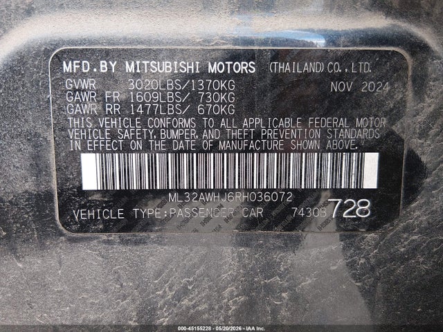 Продаж на аукціоні авто 2024 Mitsubishi Mirage Black Edition, vin: ML32AWHJ6RH036072, номер лоту: 45155228