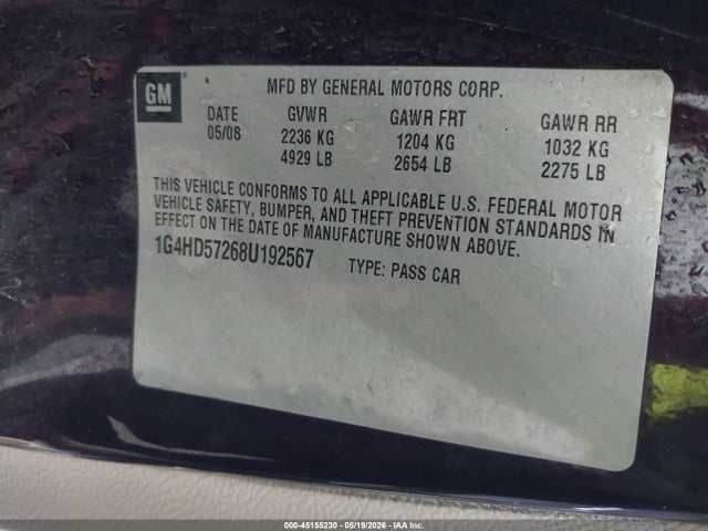 45155230 :رقم المزاد ، 1G4HD57268U192567 vin ، 2008 Buick Lucerne Cxl مزاد بيع