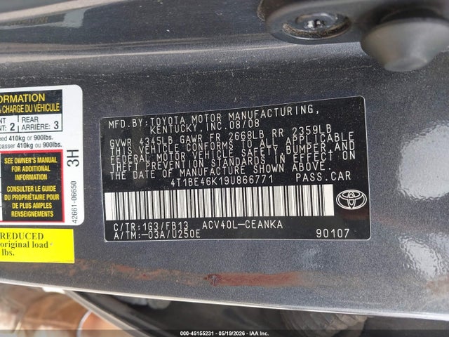 Продаж на аукціоні авто 2009 Toyota Camry Le, vin: 4T1BE46K19U866771, номер лоту: 45155231