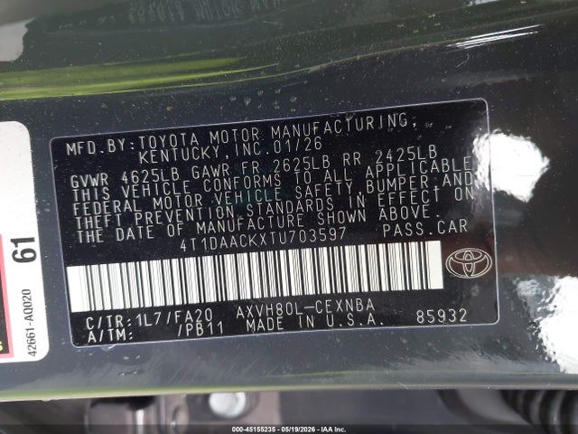 Продаж на аукціоні авто 2026 Toyota Camry Le, vin: 4T1DAACKXTU703597, номер лоту: 45155235