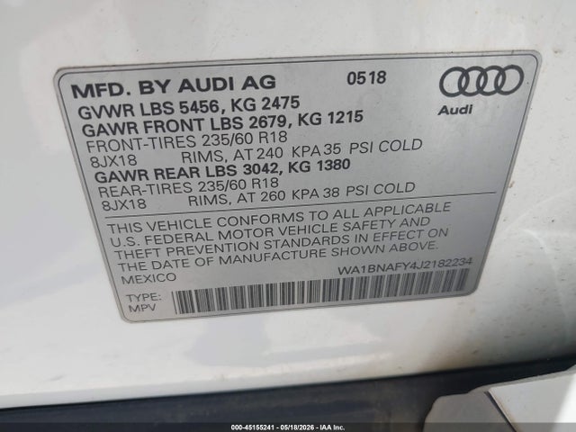 Aukcja sprzedaży 2018 Audi Q5 2.0t Premium/2.0t Tech Premium, vin: WA1BNAFY4J2182234, numer aukcji: 45155241