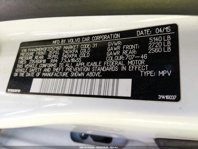 Продаж на аукціоні авто 2015 Volvo Xc60 T5 Platinum, vin: YV440MDM3F2757197, номер лоту: 45155244