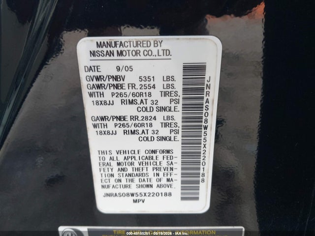 Auction sale of the 2005 Infiniti Fx35, vin: JNRAS08W55X220188, lot number: 45155251