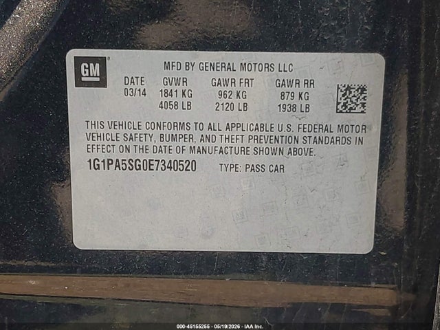 45155255 :رقم المزاد ، 1G1PA5SG0E7340520 vin ، 2014 Chevrolet Cruze Ls Auto مزاد بيع