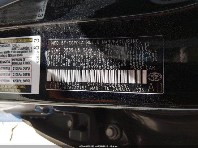 45155262 :رقم المزاد ، 2T1BR32E96C648637 vin ، 2006 Toyota Corolla Le مزاد بيع