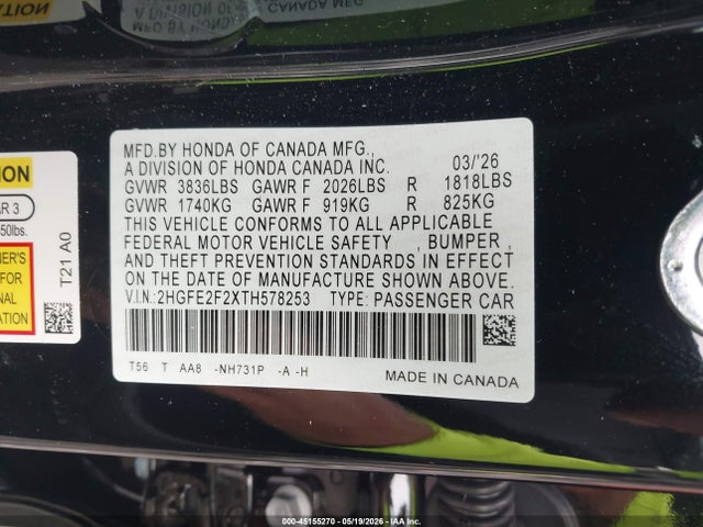 Продажа на аукционе авто 2026 Honda Civic Lx, vin: 2HGFE2F2XTH578253, номер лота: 45155270