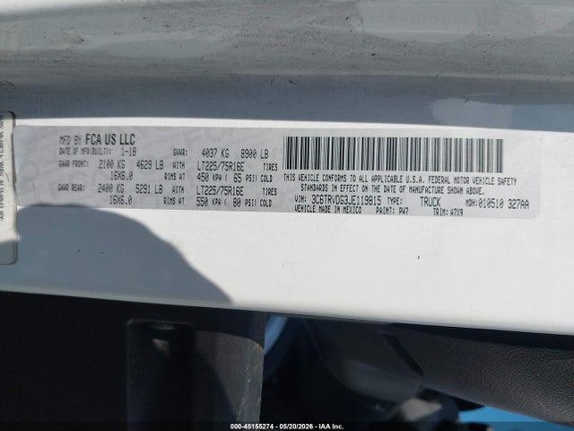 45155274 :رقم المزاد ، 3C6TRVDG3JE119815 vin ، 2018 Ram Promaster 2500 High Roof 159 Wb مزاد بيع