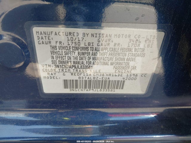 Продаж на аукціоні авто 2018 Nissan Versa 1.6 Sv, vin: 3N1CN7AP9JL833581, номер лоту: 45155283